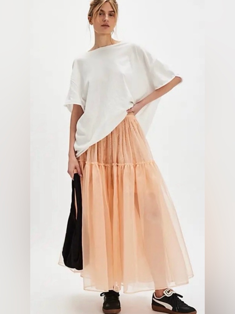 Free People Nigel Preston Annie Tulle Skirt Coral Pleated Layered Elastic Waist